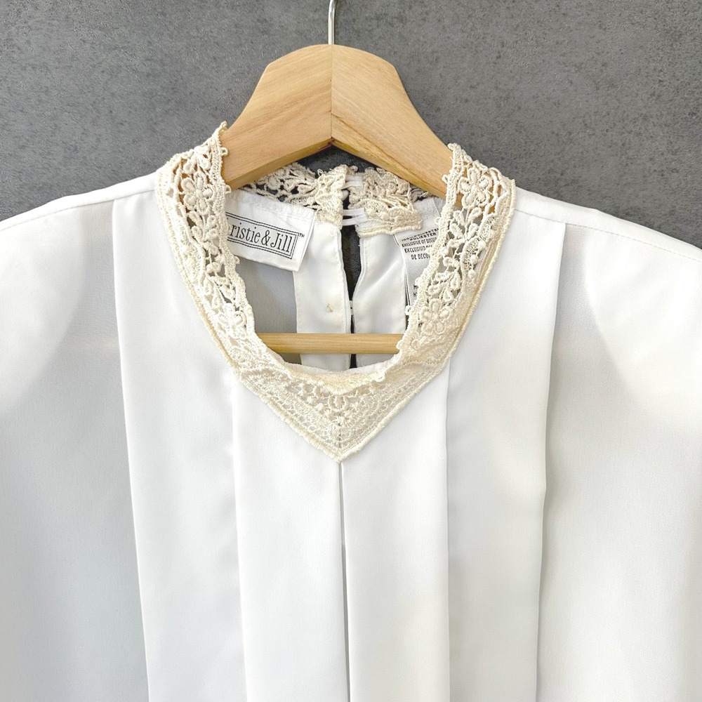 Vintage 80s 90s Christie & Jill Pleated Lace Collar Blouse Flutter Sleeve Size 6